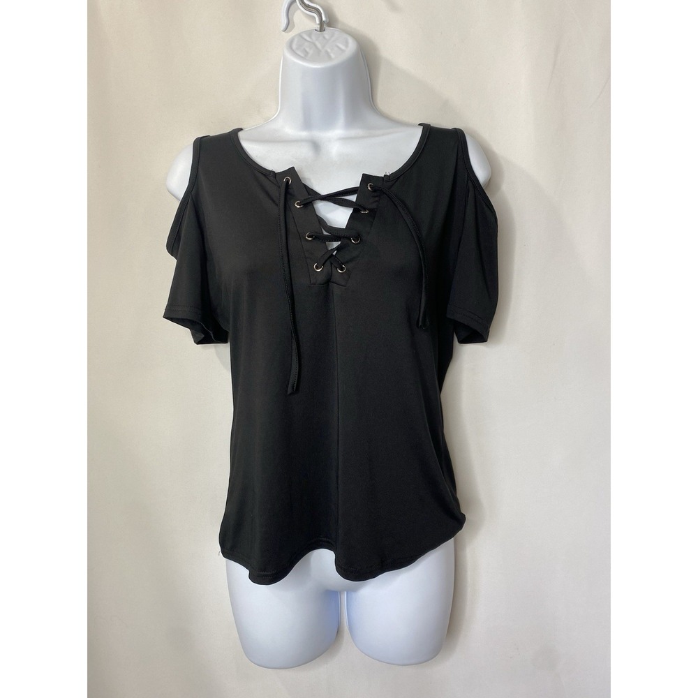 Elfin Black Cold Shoulder Top Shirt Size Large Corset Goth Girl Punk Emo Y2K Fun